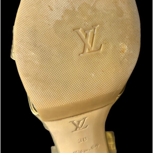 Rare Louis Vuitton Gold Slingback Sandals w/3.5” Stacked Wood Heel Size 38/US 7 - Picture 12 of 15